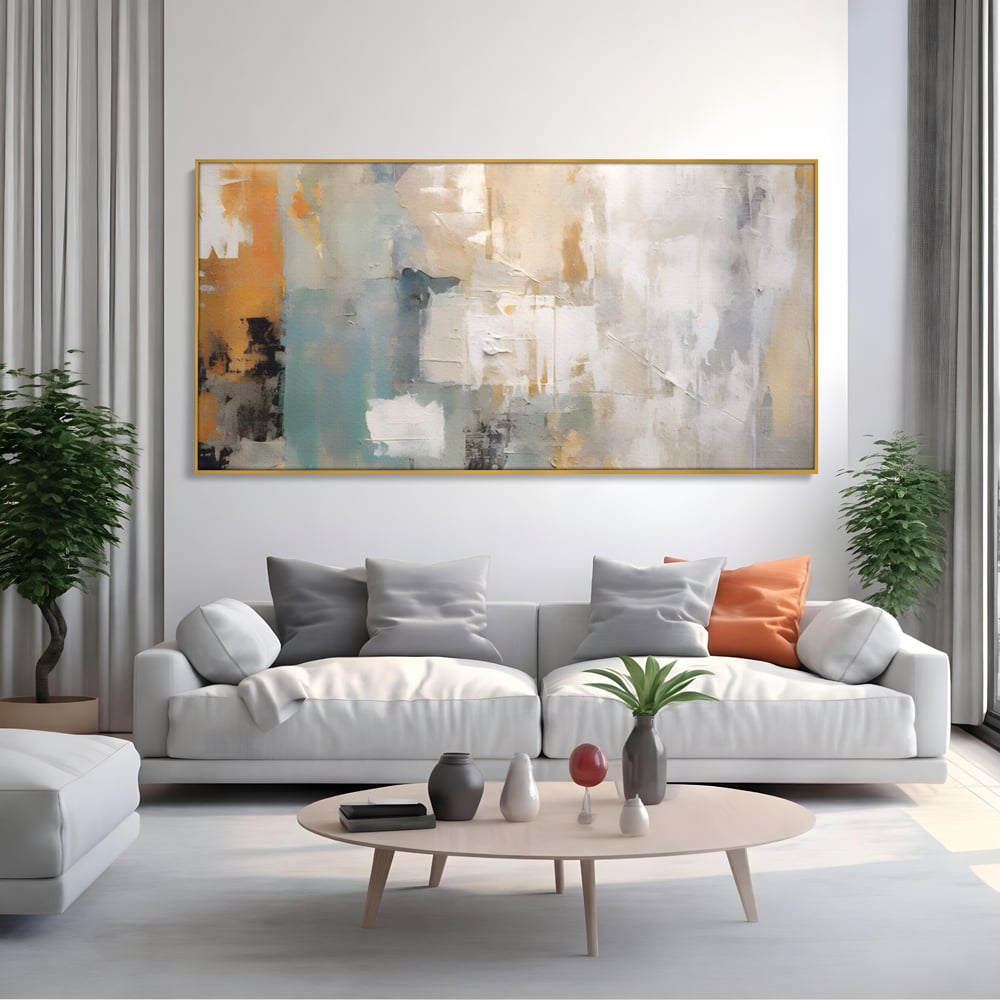 Tablou canvas cu pictura abstracta cu texturi alb, gri si turcoaz, in rama de aluminiu auriu, pe perete intr-un living